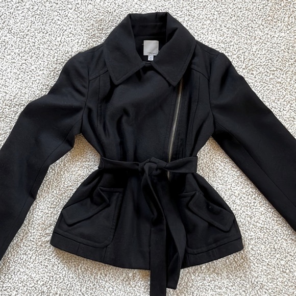 HALOGEN Wool Blend Moto Style Belted Jacket Black XS - Picture 2 of 14